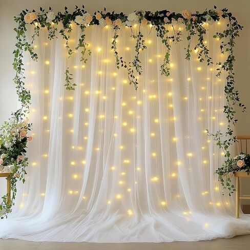White Tulle Backdrop with Fairy Lights for Parites Wrinkle-Free Sheer Curtain Drapes Photo Back Drop for Wedding Baby Shower Bridal Shower Birthday Dance Home Décor- 10ft×8ft, White in Saudi Arabia
