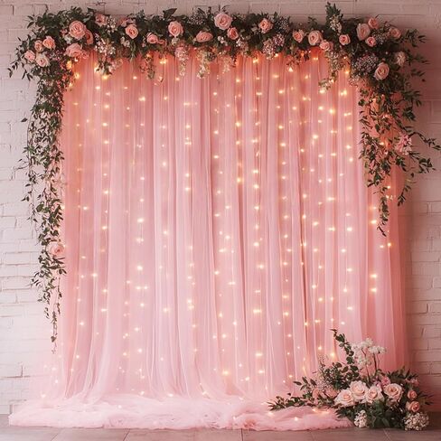 White Tulle Backdrop with Fairy Lights for Parites Wrinkle-Free Sheer Curtain Drapes Photo Back Drop for Wedding Baby Shower Bridal Shower Birthday Dance Home Décor- 10ft×8ft, White in Saudi Arabia