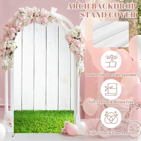 7.2FT Wedding Arch Backdrop Cover Green Grass White Picket Fence Spandex Fitted Round Top Arch Stand Covers for Birthday Party Baby Shower Banquet Decoration in Saudi Arabia