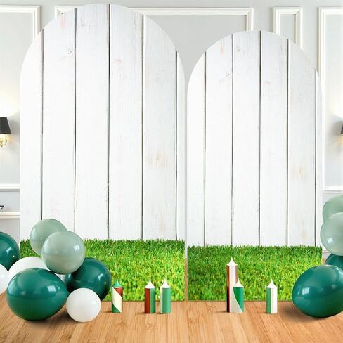 7.2FT Wedding Arch Backdrop Cover Green Grass White Picket Fence Spandex Fitted Round Top Arch Stand Covers for Birthday Party Baby Shower Banquet Decoration in Saudi Arabia