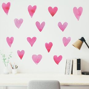 Boho Watercolor Heart Wall Stickers – Large 23-Piece Set, 4" x 3.5" Each, Translucent Decals for White and Pastel Walls – Removable Vinyl Art for Nursery, Bedroom, or Living Room Decor