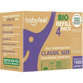 Babyfeel BIO Refills Compatible with DEKOR CLASSIC Diaper Pails | 100% Compostable |4 Pack |50% Extra Thickness | Compost Refill bags with Running Low Indicator |Powerful Odor Control | Fragrance-free