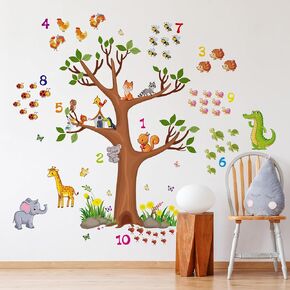 Woodland Animals Large Tree Wall Decals Colorful Numbers Wall Stickers Green Leaves Brown Tree Branches Wall Decor Removable Garden Plants Grass Yellow Flowers Murals for Kids Bedroom Decoration