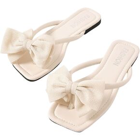 MakeMeChic Women's Bow Flip Flops Flat Sandals Square Toe Dressy Thong Sandals
