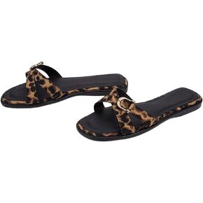 OYOANGLE Women's Leopard Print Flat Sandals Criss Cross Band Retro Casual Slides