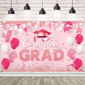 Congrats Grad Backdrop Graduation Decorations 2025 Pink Gold Glitter Balloons Congratulations Graduation Party Decorations Background for Photography Party Supplies 70.8x43.3 Inch