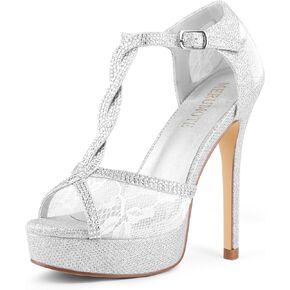 MEROMOTE Women's Peep Toe Platform 5 inch Stiletto Heels Ankle Strap Lace Heels Sexy Prom Shoes