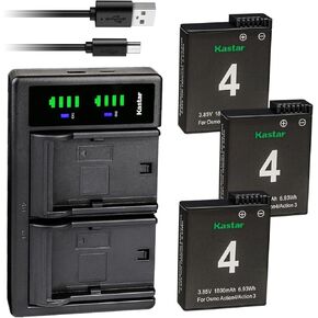 Kastar 2-Pack Battery and LTD2 USB Charger Compatible with DJI Osmo Action 3/4/5 Pro Battery, DJI Osmo Action 3, Action 4, Action 5 Pro Sport Camera