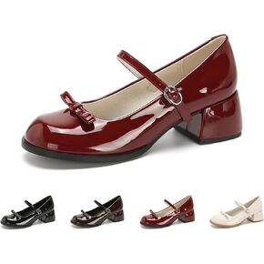 Women's Patent Leather Low Chunky Block Heel Mary Jane Pumps Fashion Classic Bowknots Round Toe Buckle Strap Work Pumps Casual Business Office Wedding Dress Shoes