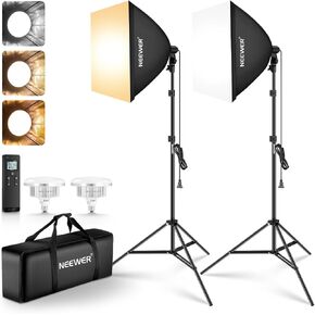 NEEWER 2 Pack 24"x24" Softbox Lighting Kit with Tripod Stands, 45W Bi Color 2.4G LED Bulbs, 10 Channels 2900K-7000K 1400lx/m CRI95, 66'/20m Remote Control, Photography Continuous Lighting Kit, NK103