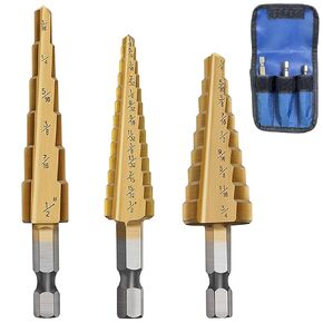 Step Drill Bit Set, Step Bits for DIY Projects and Professionals – Titanium-Coated High-Speed Steel Step Drill Bits for Wood, Metal, and Plastic (3 Pcs)