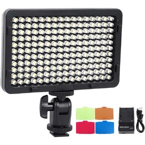 LED Video Light, 176 LED Beads Portable Photography Lighting, Rechargeable Dimmable Panel Lamp, Fill Light with Hot Shoe Mount, for DSLR Camera