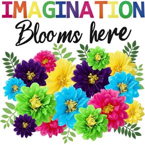 Fullhawl 36 Pcs Imagination Blooms Here Playroom Classroom Wall Decals Flowers Bulletin Board Decorations Colorful Tissue Crepe Paper Daycare Decals for Classroom Wall Preschool Bedroom Room Decor