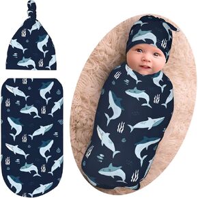 Sharks Ocean Baby Stuff Newborn Swaddle Blanket Animal Baby Wrap Blanket Soft Sleep Sacks with Beanie Hat Sets Gifts for Infant Boy Girl