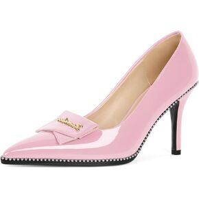 Zamikoo Women High Heel Pumps Pointed Toe Beaded Pumps Buckle Bow Stilettos Slip On Dress Shoes Wedding Office Party Patent Leather 3.5 Inch