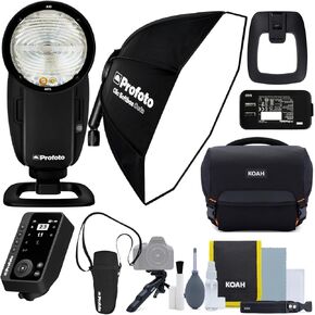 Profoto A10 On-Camera Flash Light for Nikon Bundle with Profoto Connect Pro Wireless Transmitter for Nikon Camera, Profoto Clic Softbox Octa 2 Feet, and Koah Roebling Street Camera System (4 Items)