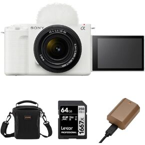 Sony ZV-E1 Full-Frame Interchangeable Lens Mirrorless Vlog Camera with FE 28-60mm f/4-5.6 Lens, White - Bundle with Shoulder Bag, 64GB SD Card, Extra Battery