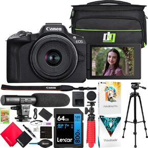 Canon EOS R50 Mirrorless Camera (Black) with RF-S 18-45mm F4.5-6.3 is STM Lens 5811C012 (Renewed) Bundle with Deco Gear Photography Bag + Microphone + Tripod + Software & Accessories Kit