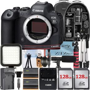 Canon EOS R6 Mark II Mirrorless Camera (Body Only) with 2 Pack 128GB Memory Card + Backpack + Tripod + Flash + ZeeTech Accessory Bundle