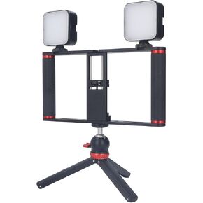 Phone Rig Vlogging Kit, All in One Phone Video Kit with Aluminum Smartphone Cage Tripod High Brightness Fill Light Intelligent Noise Reduction Microphone Smartphone Video Rig