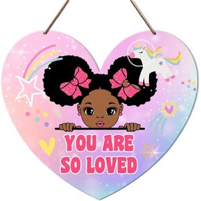 Black Girls Wall Door Sign Decor, Motivational Black Girls Wall Art Baby Kids Bedroom Nursery Pink Decor Inspirational African American Girl Unicorn Hanging Wooden Sign Decoration, You Are So Loved