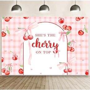 MEHOFOND 7x5ft She's The Cherry on Top Baby Shower Backdrop for Girl Cherry Theme Coquette Bridal Shower Decorations Bow Party Decor Cherry Bride to Be Engagement Party Decor Birthday Photobooth Props