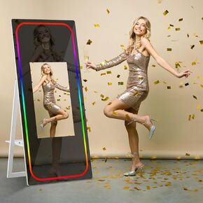 Magic Mirror Photo Booth with Touch Screen Movable Mirror Photobooth Machine with Flight Case for Events Parties Wedding Rental (Black 65-32in Mirror Photo Booth)