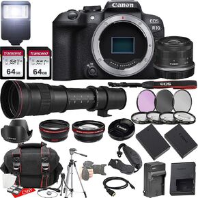 Canon EOS R10 Mirrorless Camera w/RF-S 18-45mm f/4.5-6.3 is STM Lens + 420-800mm f/8.3 HD Manual Telephoto Lens + 2X 64GB Memory + Hood + Case + Filters + Tripod & More (35pc Bundle) (Renewed)