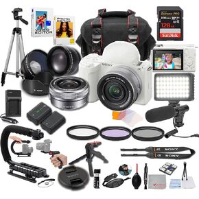 Sony ZV-E10 II (White) + Sony 16-50mm Lens (Silver), Wide Angle and Telephoto Lens, LED Video Light, Microphone, U Grip, 128GB Extreme Memory, Filters, Case & More – Pro Video Bundle (35pc)