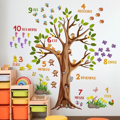 Woodland Animals Large Tree Wall Decals Colorful Numbers Wall Stickers Green Leaves Brown Tree Branches Wall Decor Removable Garden Plants Grass Yellow Flowers Murals for Kids Bedroom Decoration in Saudi Arabia
