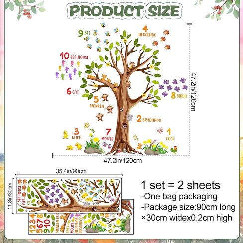 Woodland Animals Large Tree Wall Decals Colorful Numbers Wall Stickers Green Leaves Brown Tree Branches Wall Decor Removable Garden Plants Grass Yellow Flowers Murals for Kids Bedroom Decoration in Saudi Arabia