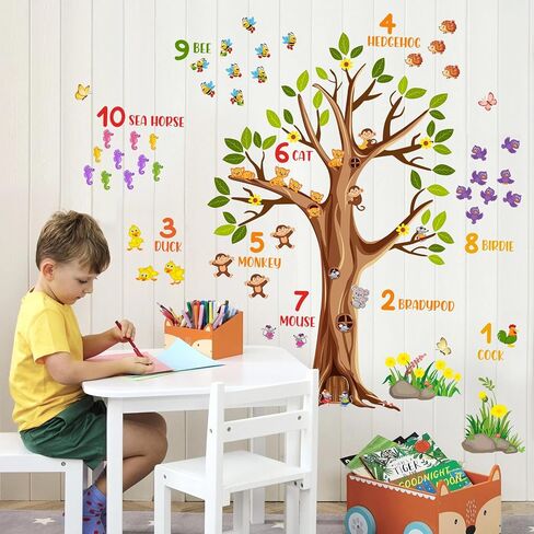 Woodland Animals Large Tree Wall Decals Colorful Numbers Wall Stickers Green Leaves Brown Tree Branches Wall Decor Removable Garden Plants Grass Yellow Flowers Murals for Kids Bedroom Decoration in Saudi Arabia