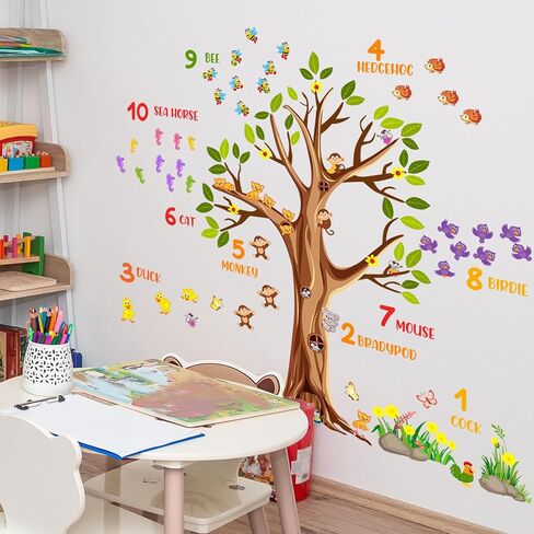 Woodland Animals Large Tree Wall Decals Colorful Numbers Wall Stickers Green Leaves Brown Tree Branches Wall Decor Removable Garden Plants Grass Yellow Flowers Murals for Kids Bedroom Decoration in Saudi Arabia
