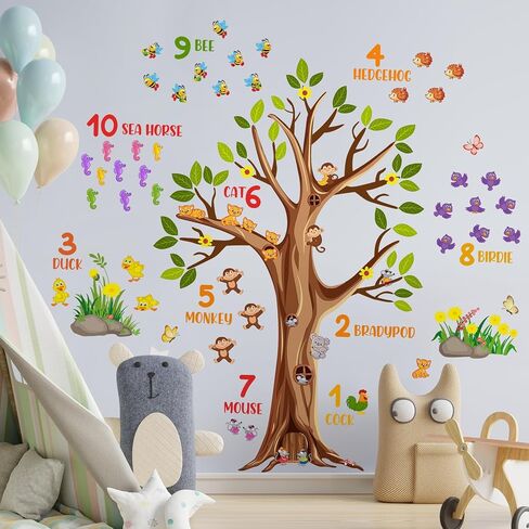 Woodland Animals Large Tree Wall Decals Colorful Numbers Wall Stickers Green Leaves Brown Tree Branches Wall Decor Removable Garden Plants Grass Yellow Flowers Murals for Kids Bedroom Decoration in Saudi Arabia