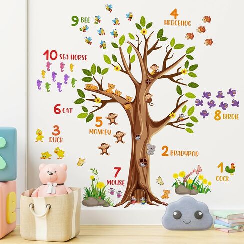 Woodland Animals Large Tree Wall Decals Colorful Numbers Wall Stickers Green Leaves Brown Tree Branches Wall Decor Removable Garden Plants Grass Yellow Flowers Murals for Kids Bedroom Decoration in Saudi Arabia