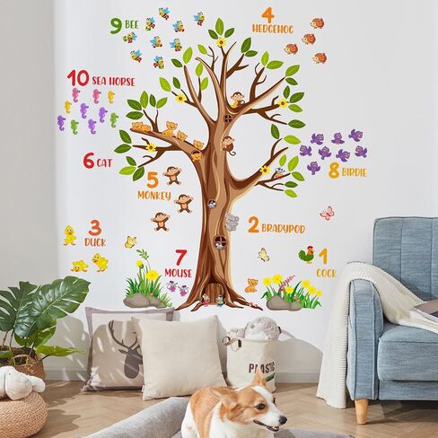 Woodland Animals Large Tree Wall Decals Colorful Numbers Wall Stickers Green Leaves Brown Tree Branches Wall Decor Removable Garden Plants Grass Yellow Flowers Murals for Kids Bedroom Decoration in Saudi Arabia