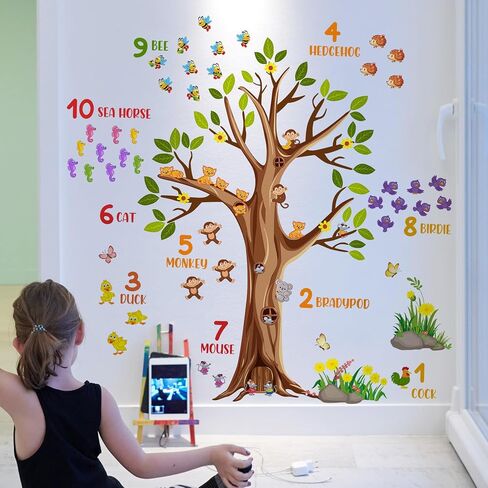 Woodland Animals Large Tree Wall Decals Colorful Numbers Wall Stickers Green Leaves Brown Tree Branches Wall Decor Removable Garden Plants Grass Yellow Flowers Murals for Kids Bedroom Decoration in Saudi Arabia