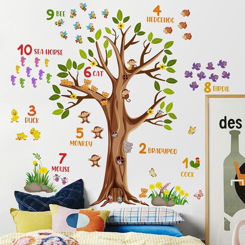 Woodland Animals Large Tree Wall Decals Colorful Numbers Wall Stickers Green Leaves Brown Tree Branches Wall Decor Removable Garden Plants Grass Yellow Flowers Murals for Kids Bedroom Decoration in Saudi Arabia