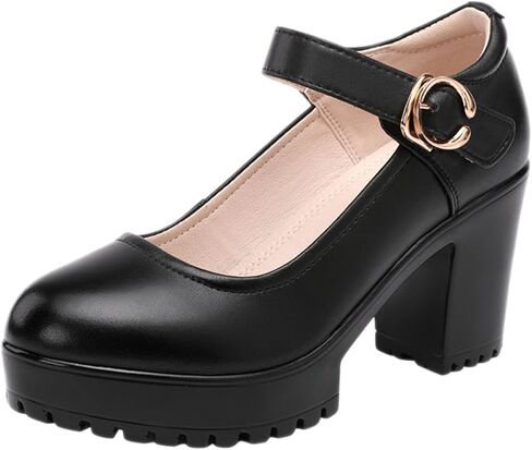 Chunky Heel Platform Mary Jane Shoes for Women's Fashion Round Toe MID Block Heel Anti-Slip Lug Sole Comfortable Pumps with Adjustable Ankle Strap for Work Party Office in Saudi Arabia