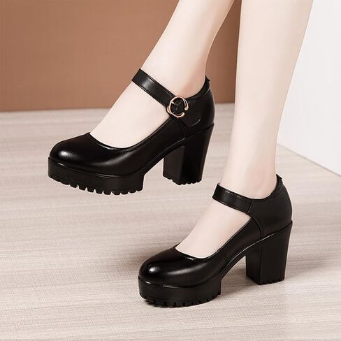 Chunky Heel Platform Mary Jane Shoes for Women's Fashion Round Toe MID Block Heel Anti-Slip Lug Sole Comfortable Pumps with Adjustable Ankle Strap for Work Party Office in Saudi Arabia