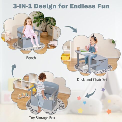 Costzon Kids Table and Chair Set, Convertible Toy Storage Bench with Built-in Handle for Kindergarten, Preschool, Kids Room, Playroom, Wood Reading Nook for Toddler Boys Girls Ages 3 to 7 (Grey) in Kuwait