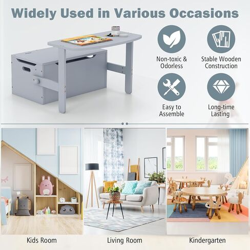 Costzon Kids Table and Chair Set, Convertible Toy Storage Bench with Built-in Handle for Kindergarten, Preschool, Kids Room, Playroom, Wood Reading Nook for Toddler Boys Girls Ages 3 to 7 (Grey) in Kuwait