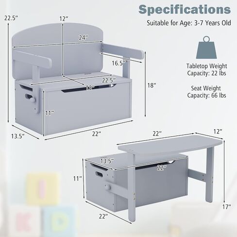Costzon Kids Table and Chair Set, Convertible Toy Storage Bench with Built-in Handle for Kindergarten, Preschool, Kids Room, Playroom, Wood Reading Nook for Toddler Boys Girls Ages 3 to 7 (Grey) in Kuwait