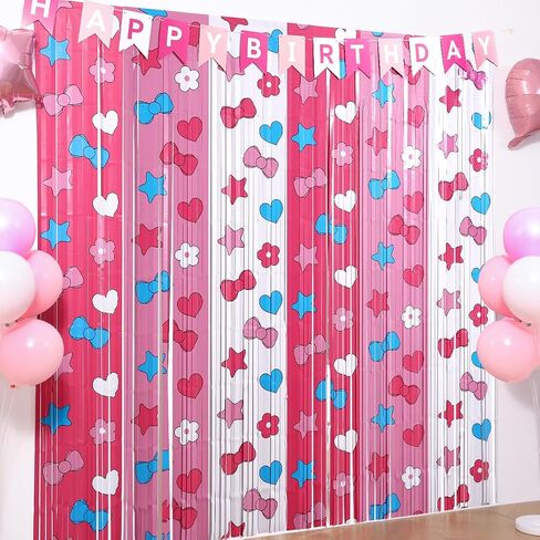 Adorable Kawaii Cat Party Decor Kit with 15 Balloons - 2 Pack 3.3x6.6ft Tinsel Foil Fringe Curtains Backdrop, Photo Booth Bows, Girls’ Birthday Party Supplies Room Decor (Pink/White) in Kuwait