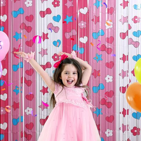Adorable Kawaii Cat Party Decor Kit with 15 Balloons - 2 Pack 3.3x6.6ft Tinsel Foil Fringe Curtains Backdrop, Photo Booth Bows, Girls’ Birthday Party Supplies Room Decor (Pink/White) in Kuwait