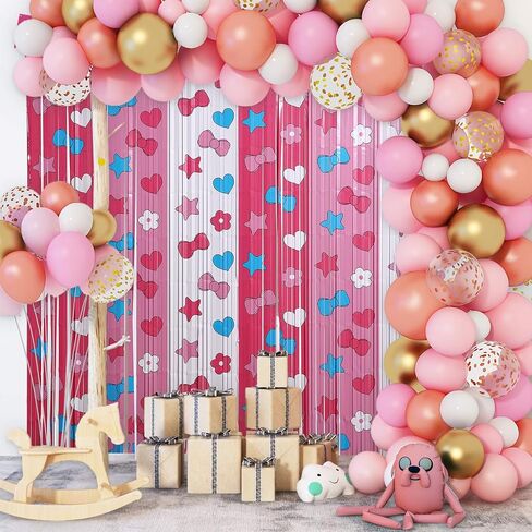 Adorable Kawaii Cat Party Decor Kit with 15 Balloons - 2 Pack 3.3x6.6ft Tinsel Foil Fringe Curtains Backdrop, Photo Booth Bows, Girls’ Birthday Party Supplies Room Decor (Pink/White) in Kuwait