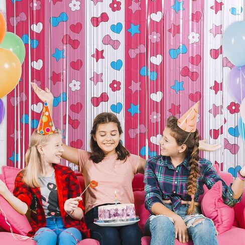 Adorable Kawaii Cat Party Decor Kit with 15 Balloons - 2 Pack 3.3x6.6ft Tinsel Foil Fringe Curtains Backdrop, Photo Booth Bows, Girls’ Birthday Party Supplies Room Decor (Pink/White) in Kuwait