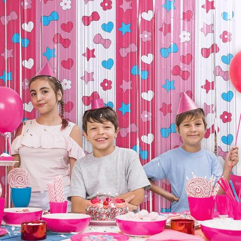 Adorable Kawaii Cat Party Decor Kit with 15 Balloons - 2 Pack 3.3x6.6ft Tinsel Foil Fringe Curtains Backdrop, Photo Booth Bows, Girls’ Birthday Party Supplies Room Decor (Pink/White) in Kuwait