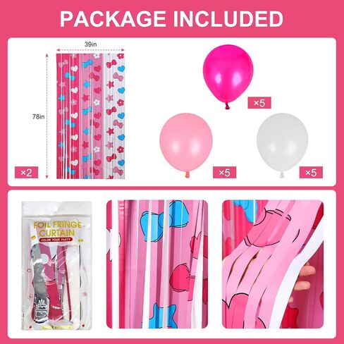 Adorable Kawaii Cat Party Decor Kit with 15 Balloons - 2 Pack 3.3x6.6ft Tinsel Foil Fringe Curtains Backdrop, Photo Booth Bows, Girls’ Birthday Party Supplies Room Decor (Pink/White) in Kuwait