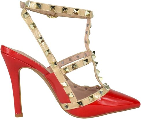 Forever Shoes Women Stiletto High Heels Pointy Toe Pumps Pumps Coleds Strap Two Tone Biege Gold Accent-03 in Kuwait